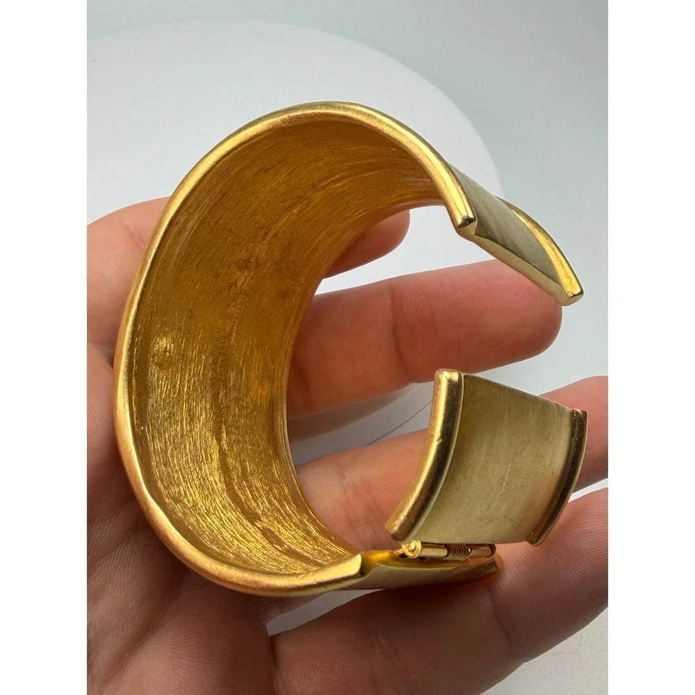 Vintage KJL Kenneth Jay Lane Wide Gold Tone Cuff Bracelet Amber Cabochon #1205